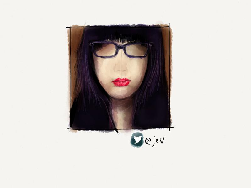 Digital watercolor and pencil portrait of a faceless woman with purple hair with bangs, purple glasses, and bright red lips.