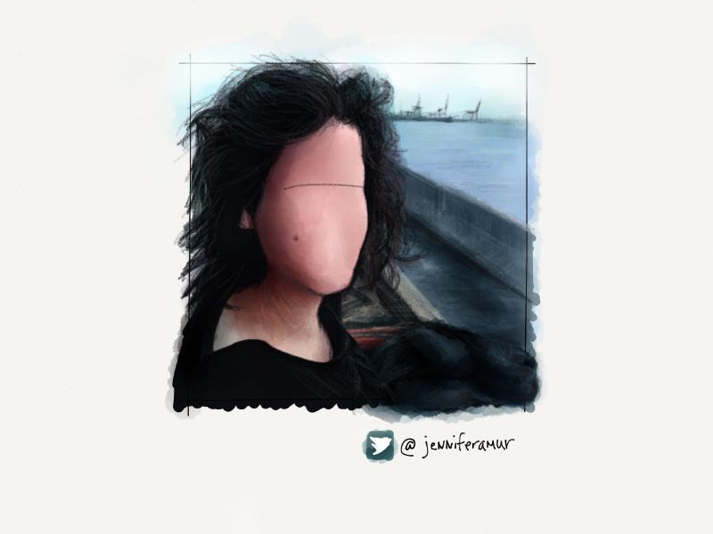Digital watercolor and pencil portrait of a faceless woman looking out at the sea with the wind blowing back her hair.
