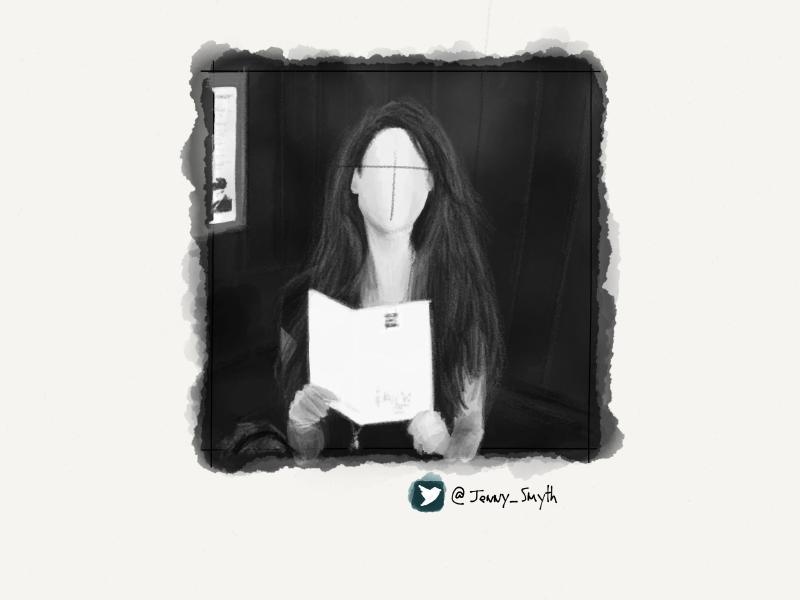Grayscale digital watercolor and pencil portrait of a faceless woman with long hair posing with an open menu.