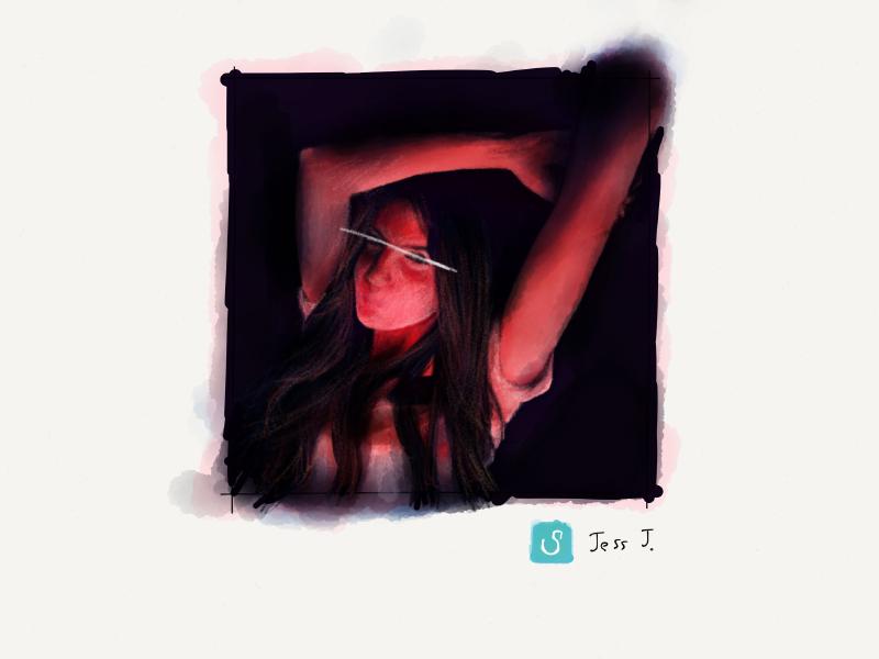 Digital watercolor and pencil portrait of a faceless woman with long hair, stretching her arms above her head, as she basks in a red/purple light.