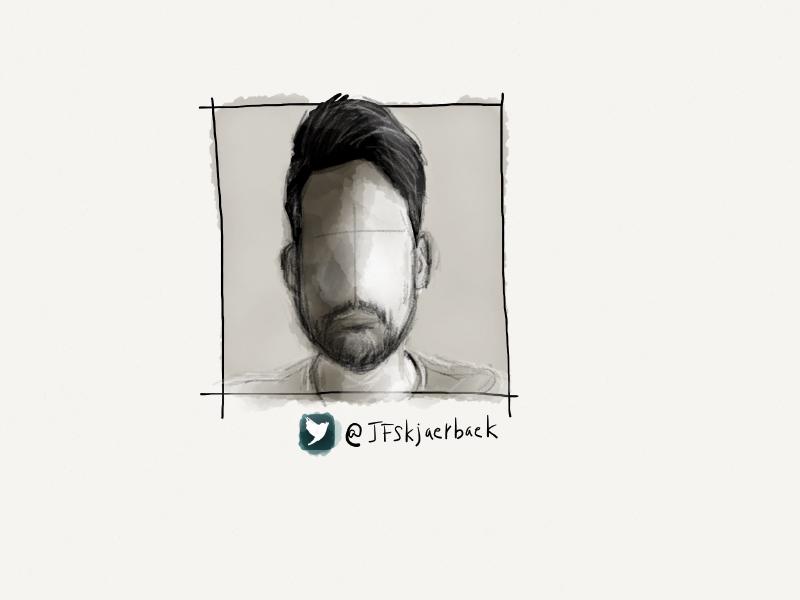 Black and white digital watercolor and pencil portrait of a faceless man with poofy hair and stubble.