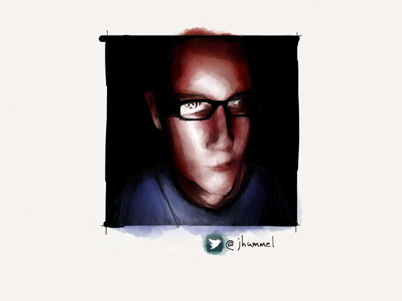Digital watercolor and pencil portrait of a man smirking, with the light from his computer reflecting in his glasses.