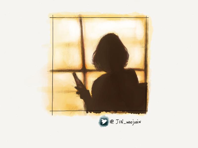Digital watercolor and pencil portrait of a woman in a brown silhouette holding a soda pop bottle as she stands in front of a wall of yellow light.