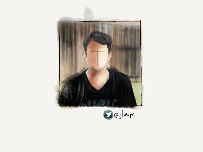Digital watercolor and pencil portrait of a faceless man in front of a wooden fence.