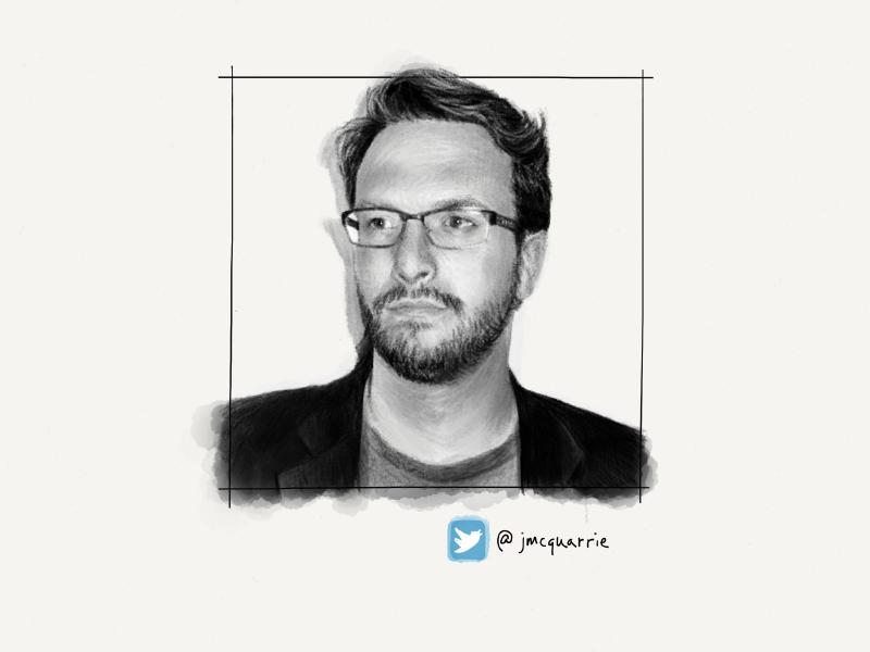 Black and white digital watercolor and pencil portrait of a man with a short beard, glasses, and blazer, looking off to the left.