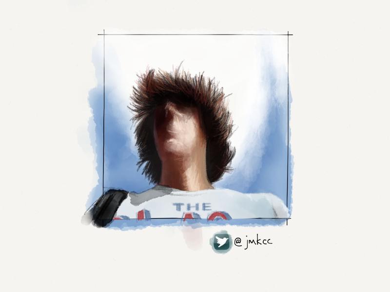 Digital watercolor and pencil portrait of a faceless man viewed from below. His hair is blowing in the sky looking like a lion's mane.
