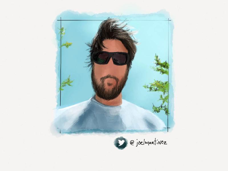 Digital watercolor and pencil portrait of a faceless man with a short beard and sunglasses, standing outside with clear skies behind him.