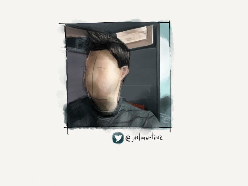 Digital watercolor and pencil portrait of a faceless man wearing a gray sweater in an office cubicle.