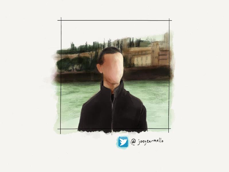 Digital watercolor and pencil portrait of a faceless man with short hair wearing a high collared zipped up jacket outside.