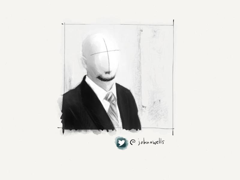Black and white digital watercolor and pencil portrait of a faceless man with a goatee, wearing a suit and tie.