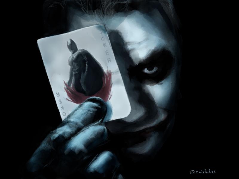 Digital watercolor and pencil portrait of the Joker from The Dark Knight, holding a Joker card to his face.