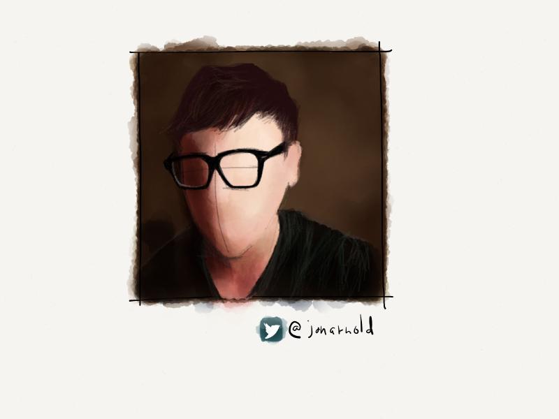 Digital watercolor and pencil portrait of a faceless man with side swept hair and wearing large framed glasses and a v-neck shirt.