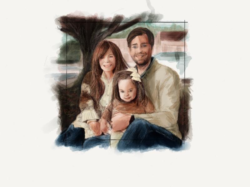 Digital watercolor and pencil portrait of a family sitting outside. A mother and father hold their young girl under a tree.