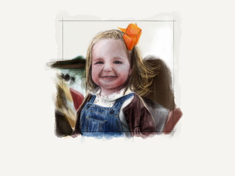 Digital watercolor and pencil portrait of a little girl wearing overalls and a large orange ribbon in her blonde hair.