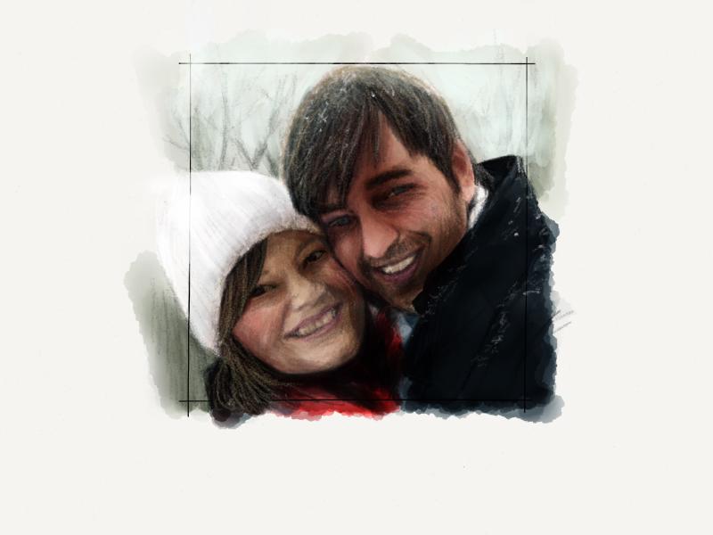 Digital watercolor and pencil portrait of man and woman pressed cheek to check, smiling outside in the middle of winter, with snow dusting their hair.