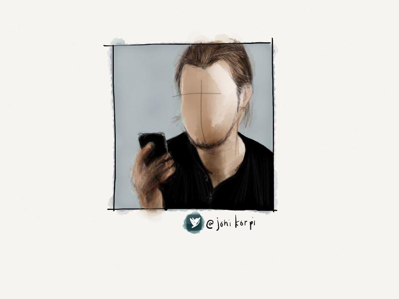 Digital watercolor and pencil portrait of a faceless man looking at an iPhone's screen intensely.