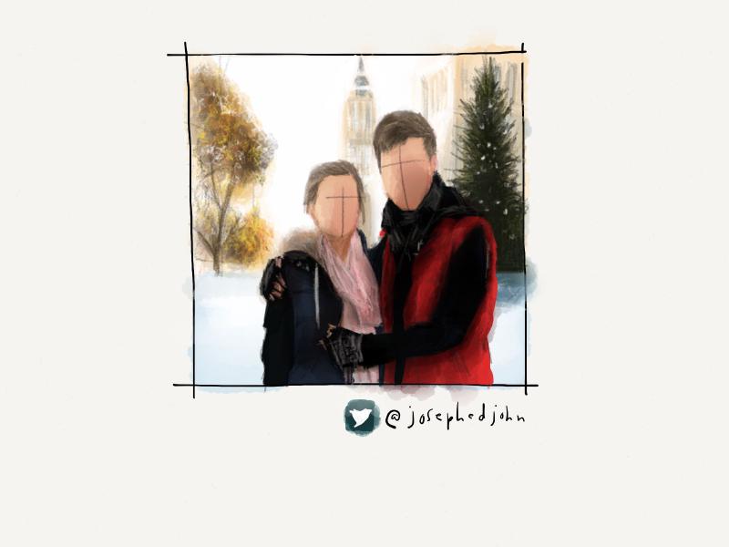 Digital watercolor and pencil portrait of a faceless couple standing outside in a winter wonderland.