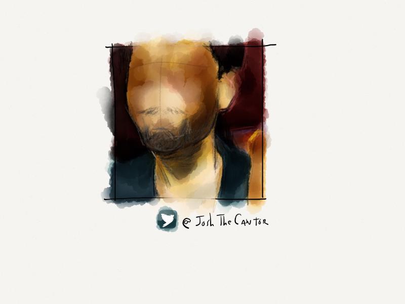 Digital watercolor and pencil portrait of a faceless man with a short goatee looking off in the distance.