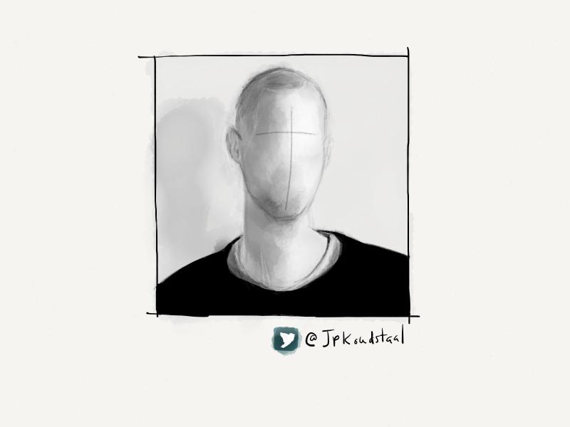 Black and white digital watercolor of a man wearing a black shirt, looking like a faceless mannequin.