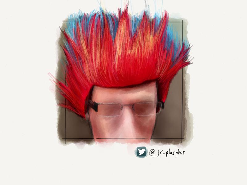 Digital watercolor and pencil portrait of a faceless man with glasses wearing a bright red wig with blue tips.