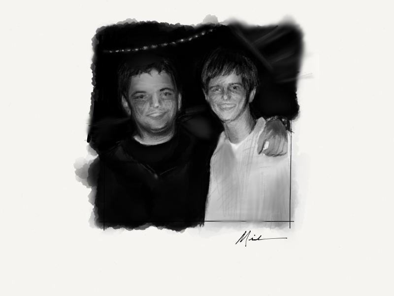 Black and white digital watercolor and pencil portrait of two friends smiling as they pose for a picture.