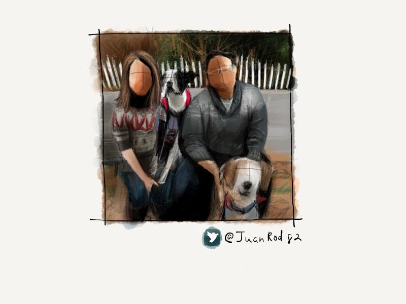 Digital watercolor and pencil portrait of a faceless woman and man wearing sweaters and sitting outside with their two dogs.