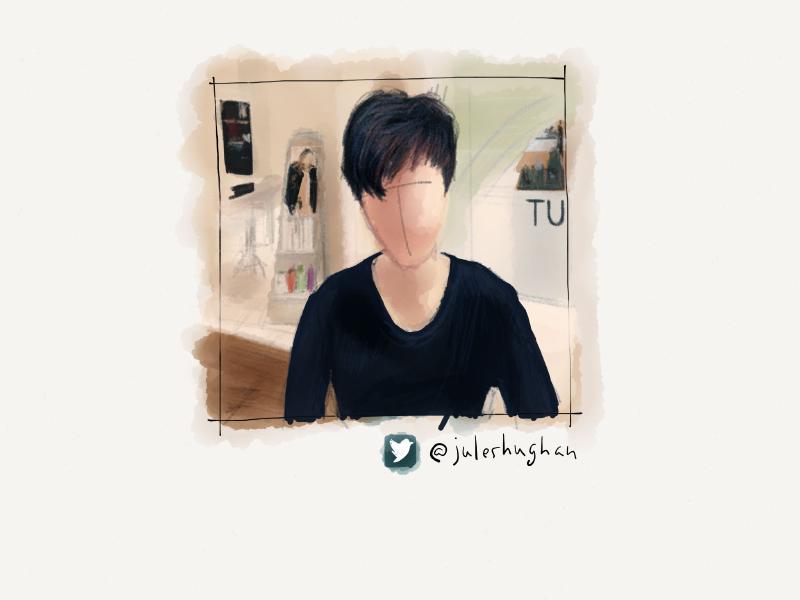 Digital watercolor and pencil portrait of a faceless woman with short dark hair wearing a black sweater sitting in an empty room.