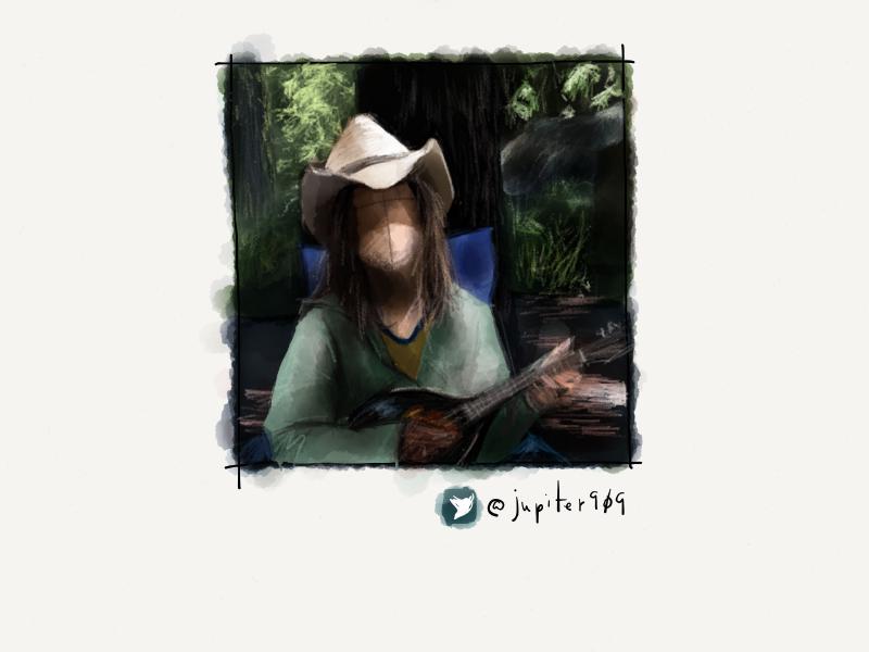 Digital watercolor and pencil portrait of a faceless man with long hair wearing a cowboy hat in the woods playing a mandolin guitar.
