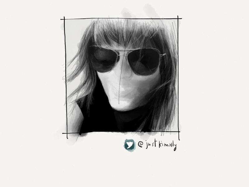 Black and white digital watercolor and pencil portrait of a faceless woman with blonde hair wearing aviator sunglasses.