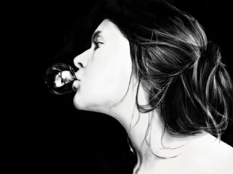 Black and white digital watercolor and pencil portrait of a topless woman blowing a large bubble gum bubble from the side.