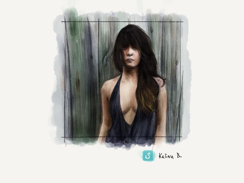 Digital watercolor and pencil portrait of a woman with long hair and bangs, wearing a revealing blue dress, standing in front of an old weathered wooden fence.