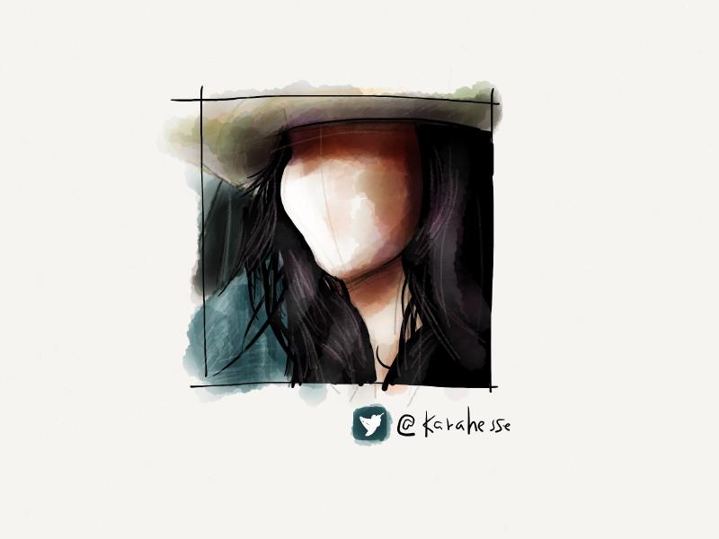 Digital watercolor and pencil portrait of a faceless woman wearing a large straw-like hat.