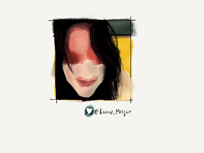 Digital watercolor and pencil portrait of a woman who has applied a white cleansing mask to the lower half of her face. Two pencil marks cross where her eye should be.