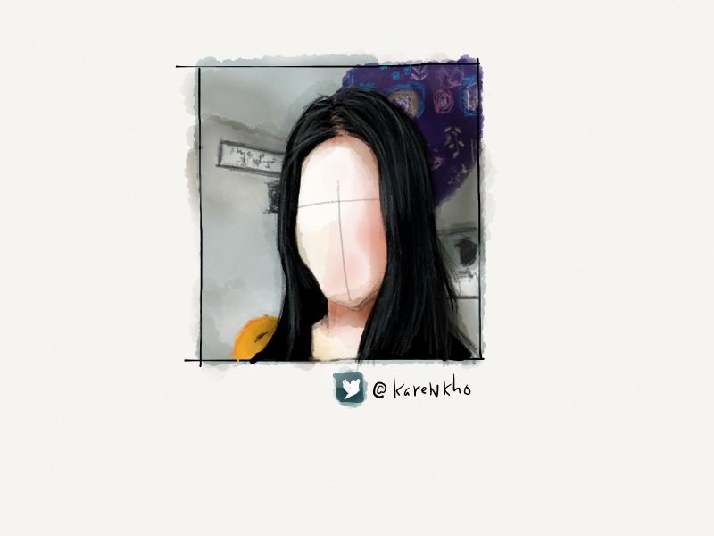 Digital watercolor and pencil portrait of a faceless woman with long black hair, yellow top, standing in a gray living room.