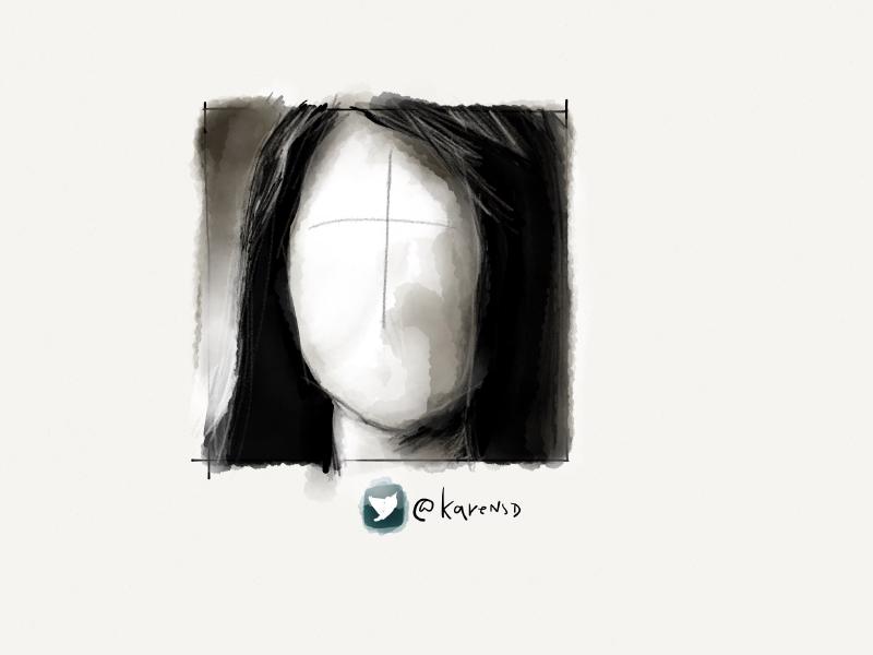 Black and white digital watercolor and pencil portrait of a faceless woman. Two black pencil marks cross where her eyes and nose should be.