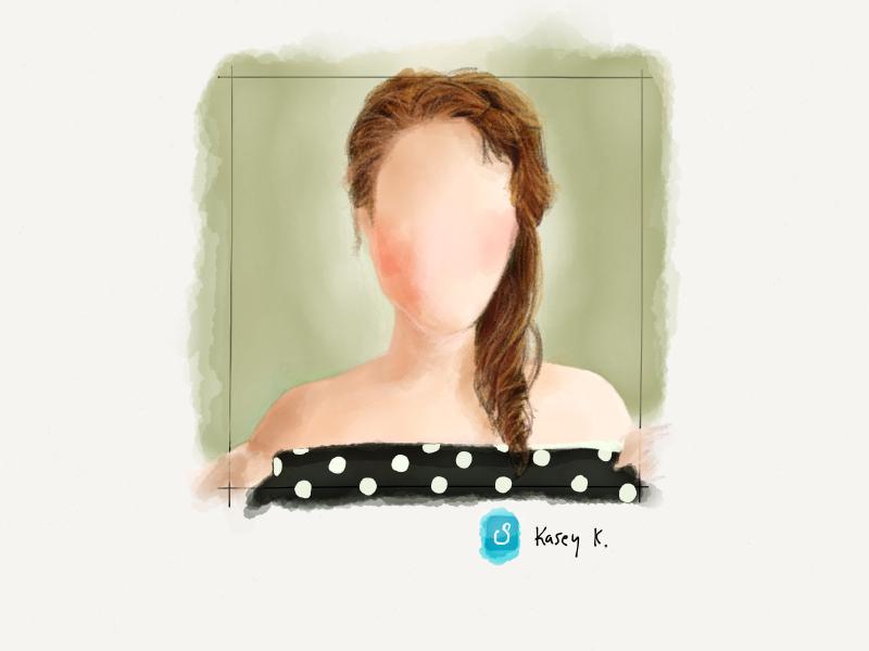 Digital watercolor and pencil portrait of a faceless woman in a black and white halter top.