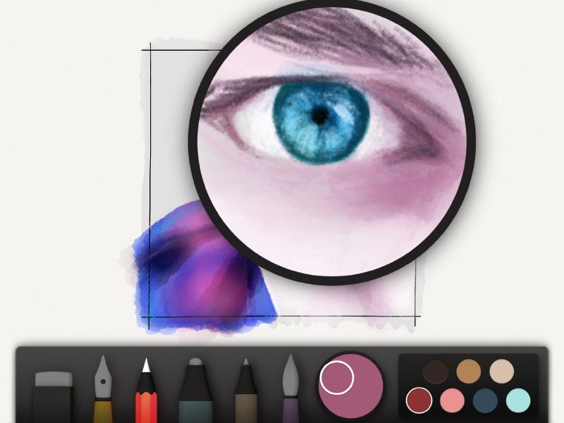 Zooming in to color the eye and pencil in eyebrow hairs