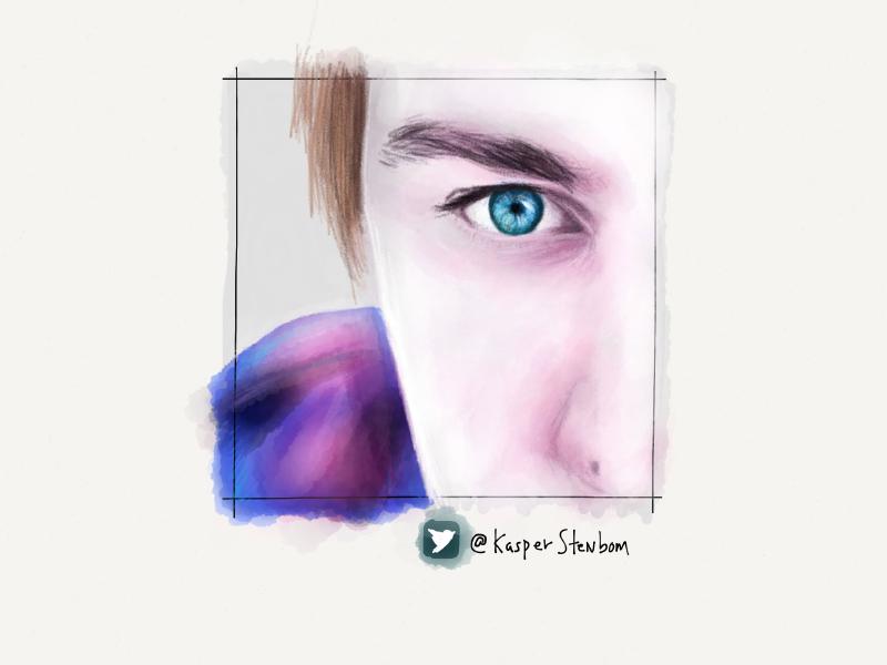 Digital watercolor and pencil closeup portrait of a figure with pale skin and a bright blue eye.