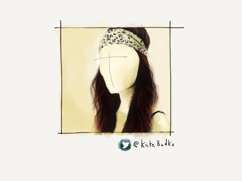 Digital watercolor and pencil portrait of a faceless woman wearing a cheetah print scarf as a headband across her forehead.