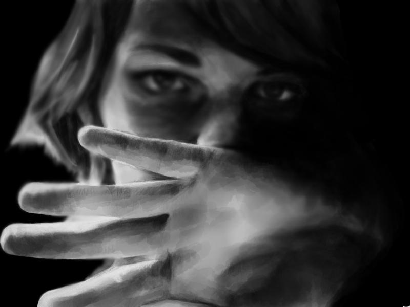 Black and white digital watercolor and pencil portrait of a woman covering the lower part of her face with the back of her hand, partially obscured by shadow.