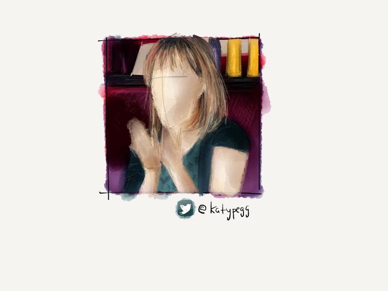 Digital watercolor and pencil portrait of a faceless blonde woman clapping her hands as she sits on a purple couch.
