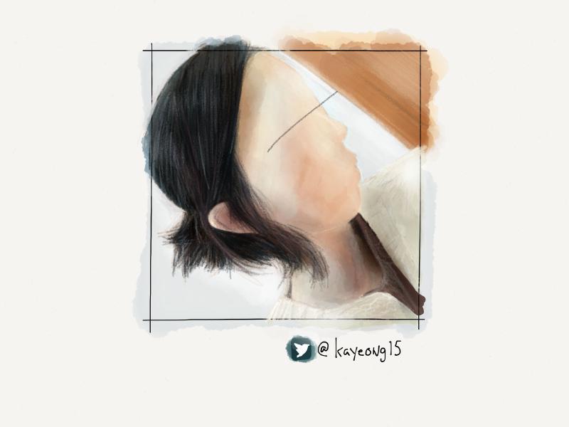 Digital watercolor and pencil portrait of a faceless woman, sitting at an angle with her hair tied back behind her ears. A single black pencil line crosses where her eyes should be.