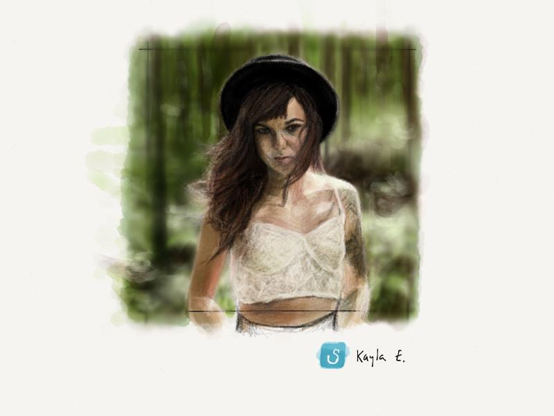 Digital watercolor and pencil portrait of a woman in a forest with long brown hair and bangs, wearing a black hat, frilly lace top as the trees blur behind her.