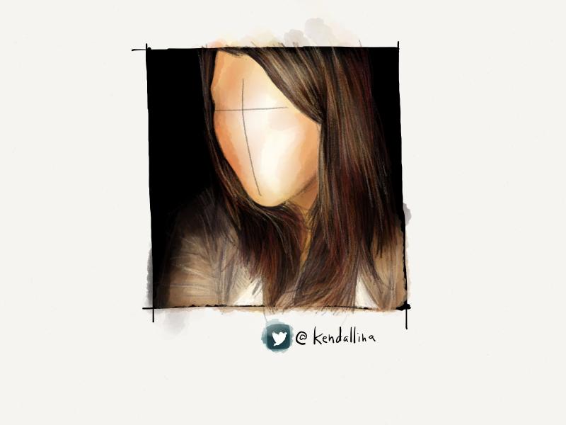 Digital watercolor and pencil portrait of a faceless woman with long brown hair and highlights sitting in the dark as her face is illuminated by something out of frame.