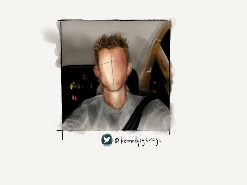 Digital watercolor and pencil portrait of a faceless blonde man in a gray sweater, taking a selfie in a car at night.