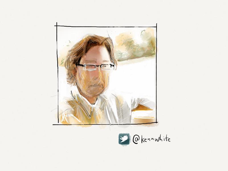 Digital watercolor and ink portrait of man wearing glasses, lighted brightly with whites and yellows.