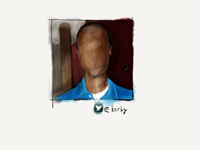 Digital watercolor and pencil portrait of a faceless man with short black hair, wearing a blue polo shirt in a hallway.