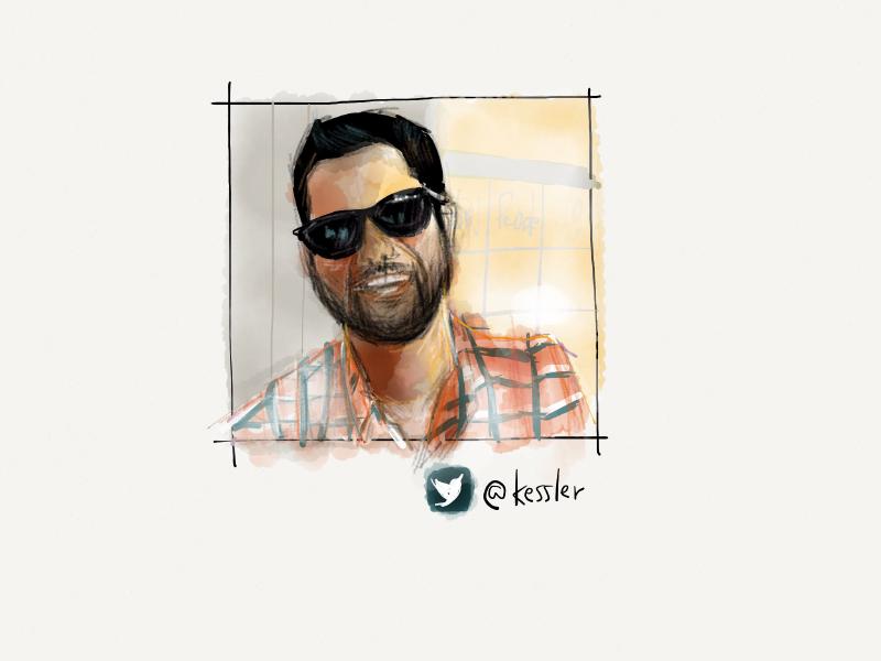 Digital watercolor and pencil portrait of a smiling man with black hair, short groomed beard, wearing sunglasses and an orange and blue plaid shirt.