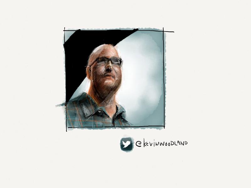 Digital watercolor and pencil portrait of a bald man in glasses, wearing a blue striped shirt. The background is partially filled in with black, creating a dynamic composition.