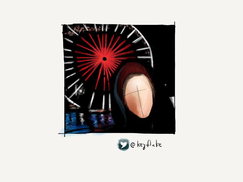 Digital watercolor and pencil portrait of a faceless figure wearing a maroon knit hat, posing in front of a red and white ferris wheel at night. Blue lights are reflected in the water below it.